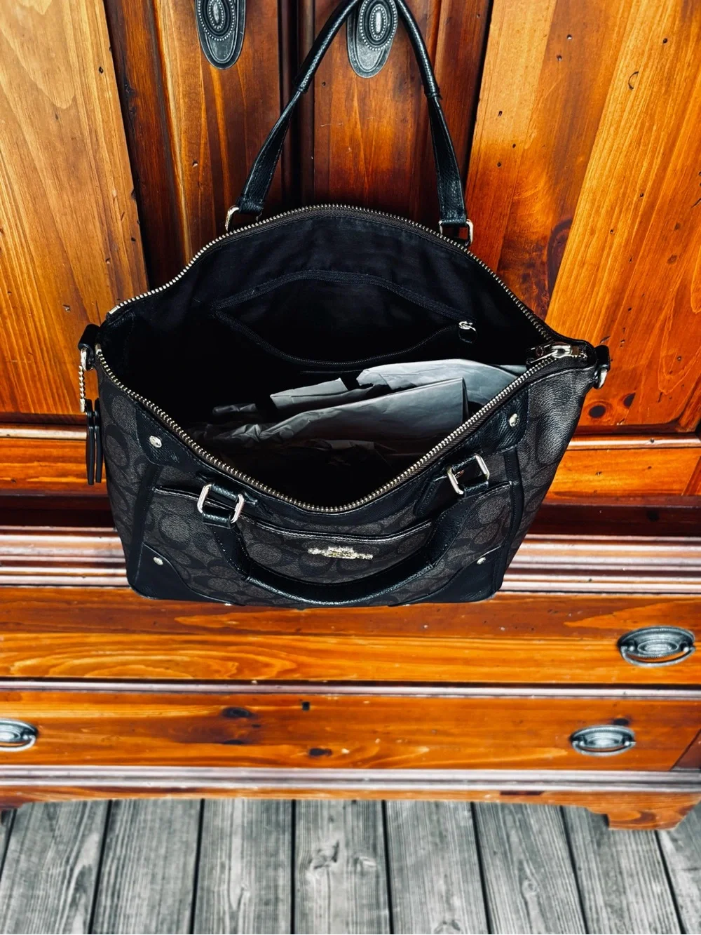Coach Black Signature Shoulder Tote with Logo Charm